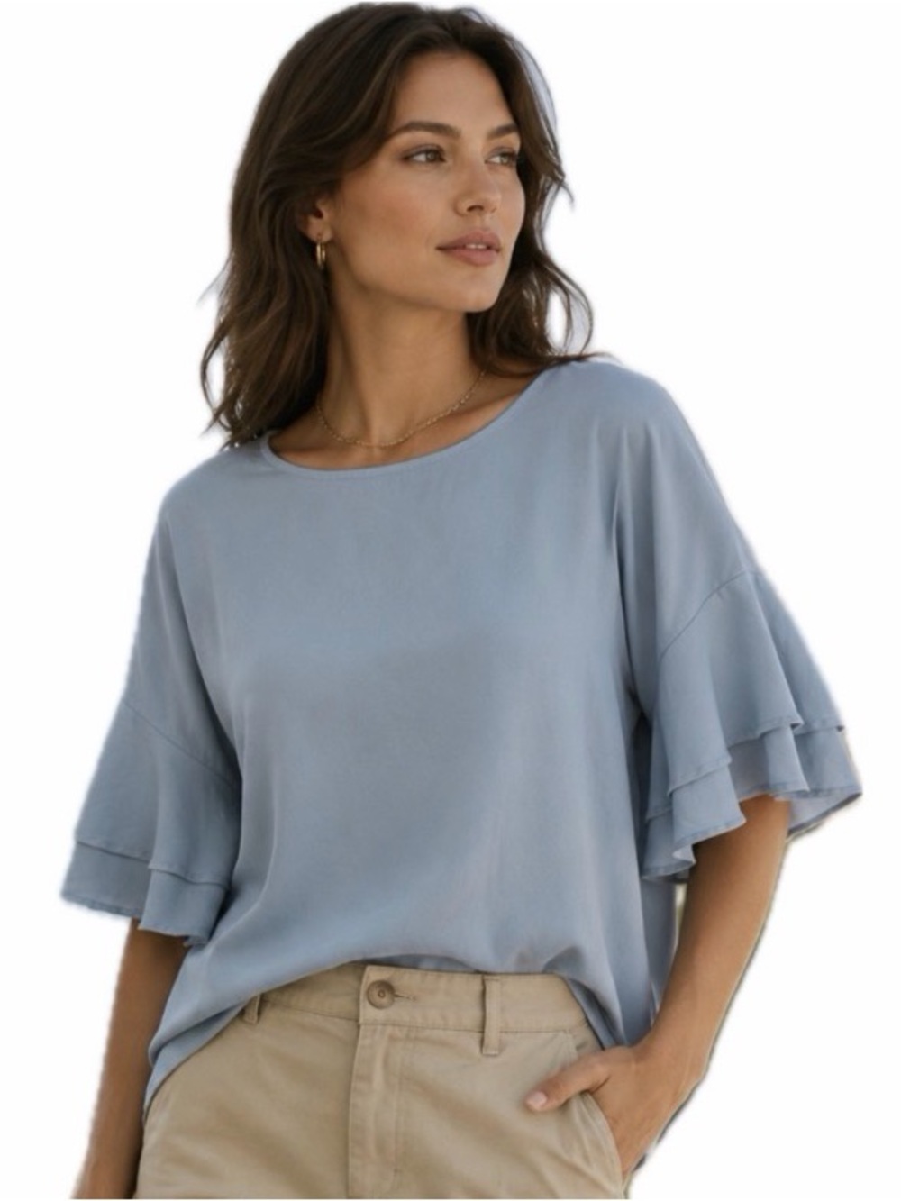 Light blue top with short ruffled bell sleeves sz L